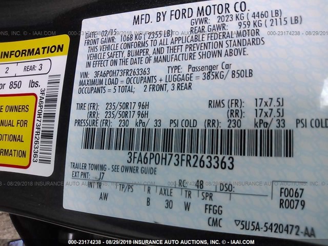 3FA6P0H73FR263363 - 2015 FORD FUSION SE GRAY photo 9