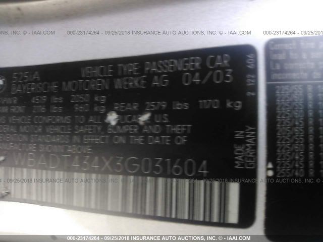 WBADT434X3G031604 - 2003 BMW 525 I AUTOMATIC 银色 照片 9