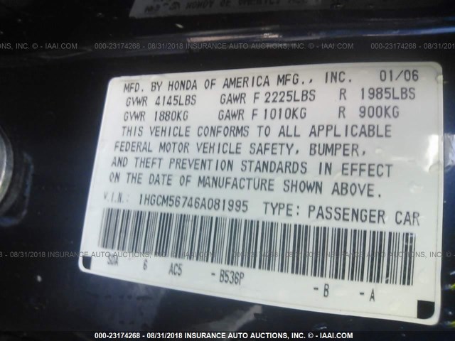 1HGCM56746A081995 - 2006 HONDA ACCORD EX BLUE photo 9