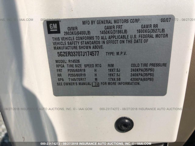 5GZER33707J174577 - 2007 SATURN OUTLOOK SPECIAL თეთრი ფოტო 9