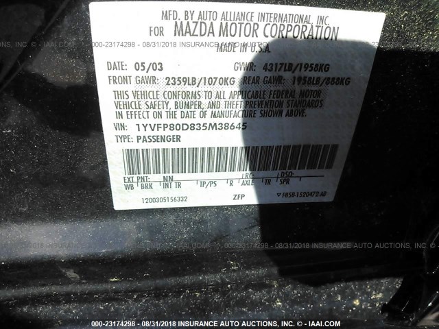 1YVFP80D835M38645 - 2003 MAZDA 6 S BLACK photo 9