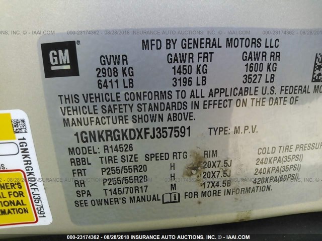 1GNKRGKDXFJ357591 - 2015 CHEVROLET TRAVERSE LT GOLD photo 9