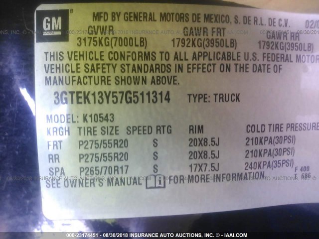 3GTEK13Y57G511314 - 2007 GMC NEW SIERRA K1500 BLACK photo 9