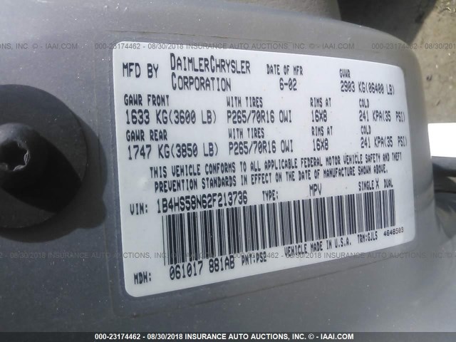 1B4HS58N62F213736 - 2002 DODGE DURANGO SLT PLUS GRAY photo 9