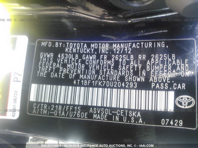 4T1BF1FK7DU204293 - 2013 TOYOTA CAMRY L/SE/LE/XLE Qara foto 9