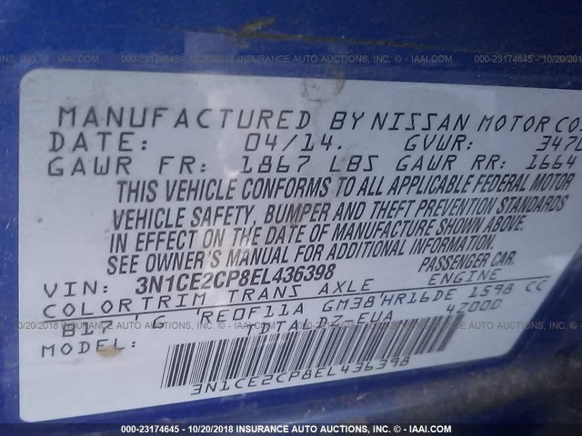 3N1CE2CP8EL436398 - 2014 NISSAN VERSA NOTE S/S PLUS/SV/SL BLUE photo 9