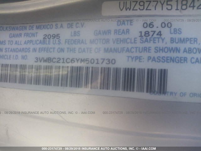 3VWBC21C6YM501730 - 2000 VOLKSWAGEN NEW BEETLE GL 银色 照片 9