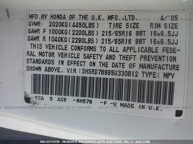 SHSRD78995U330812 - 2005 HONDA CR-V SE/EX WHITE photo 9