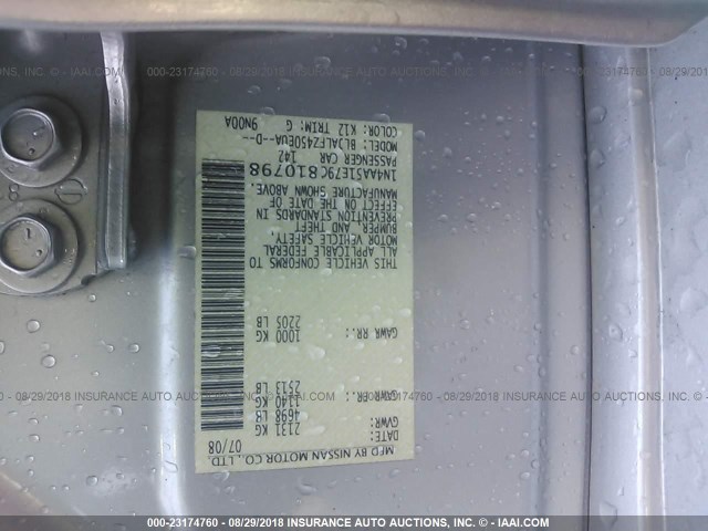 1N4AA51E79C810798 - 2009 NISSAN MAXIMA S/SV SILVER photo 9