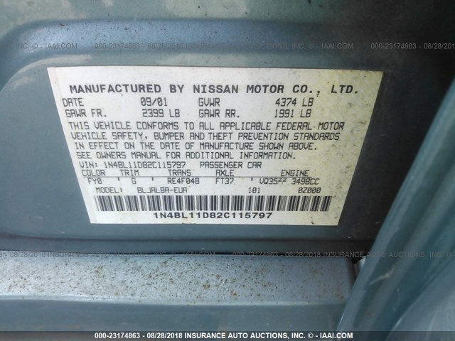 1N4BL11D82C115797 - 2002 NISSAN ALTIMA SE TEAL photo 9