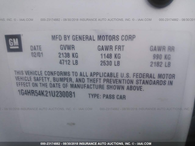 1G4HR54K21U230081 - 2001 BUICK LESABRE LIMITED WHITE photo 9