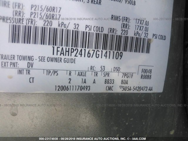 1FAHP24167G141109 - 2007 FORD FIVE HUNDRED SEL GRAY photo 9