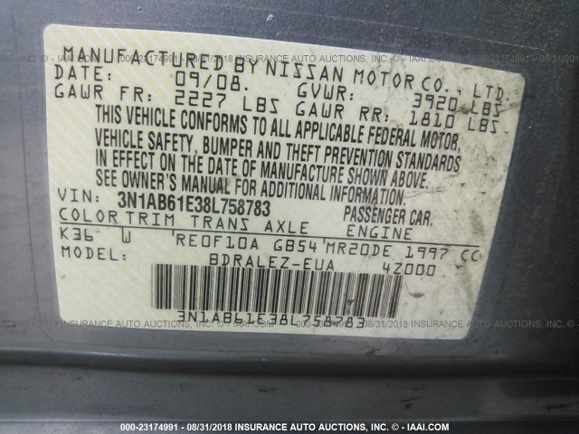 3N1AB61E38L758783 - 2008 NISSAN SENTRA 2.0/2.0S/2.0SL GRAY photo 9