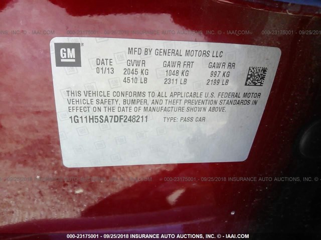 1G11H5SA7DF248211 - 2013 CHEVROLET MALIBU LTZ 红色 照片 9