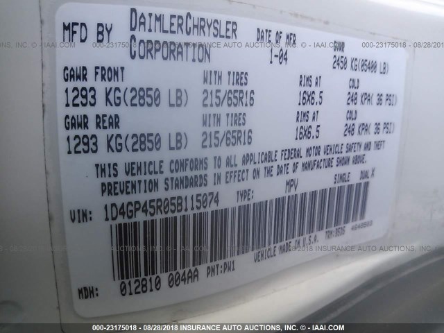 1D4GP45R05B115074 - 2005 DODGE CARAVAN SXT თეთრი ფოტო 9