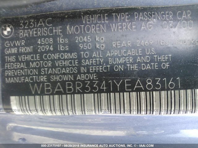 WBABR3341YEA83161 - 2000 BMW 323 CI BLUE photo 9