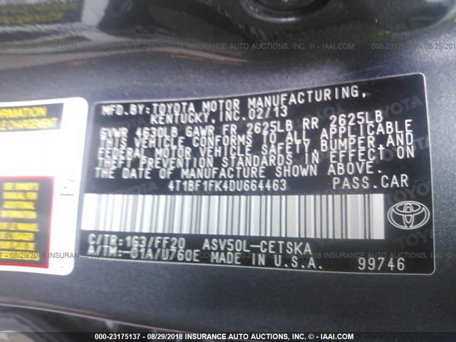 4T1BF1FK4DU664463 - 2013 TOYOTA CAMRY L/SE/LE/XLE 灰色 照片 9