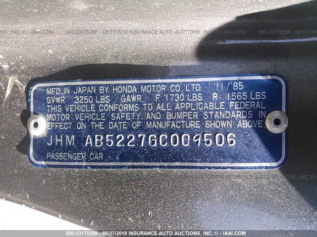 JHMAB5227GC009506 - 1986 HONDA PRELUDE 1800 GRAY photo 9