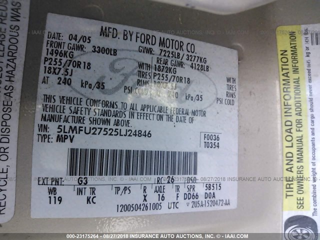 5LMFU27525LJ24846 - 2005 LINCOLN NAVIGATOR 香槟色 照片 9