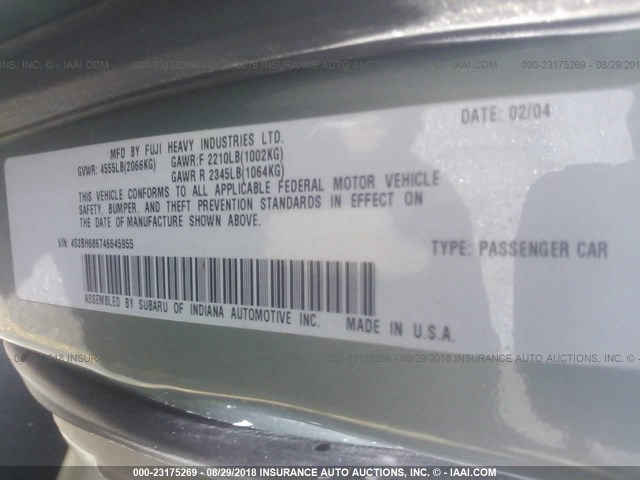 4S3BH686746645955 - 2004 SUBARU LEGACY OUTBACK LIMITED GREEN photo 9