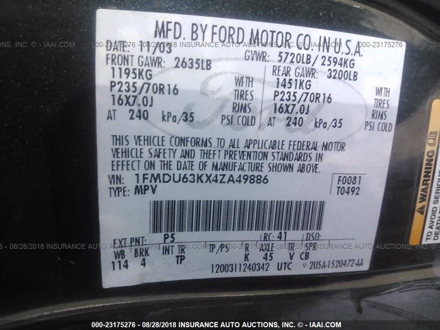 1FMDU63KX4ZA49886 - 2004 FORD EXPLORER XLT/XLT SPORT/NBX 绿色 照片 9