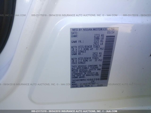 5N1AR2MM9EC686298 - 2014 NISSAN PATHFINDER S/SV/SL/PLATINUM WHITE photo 9