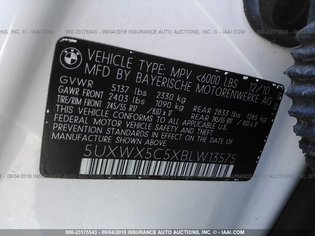 5UXWX5C5XBLW13575 - 2011 BMW X3 XDRIVE28I WHITE photo 9