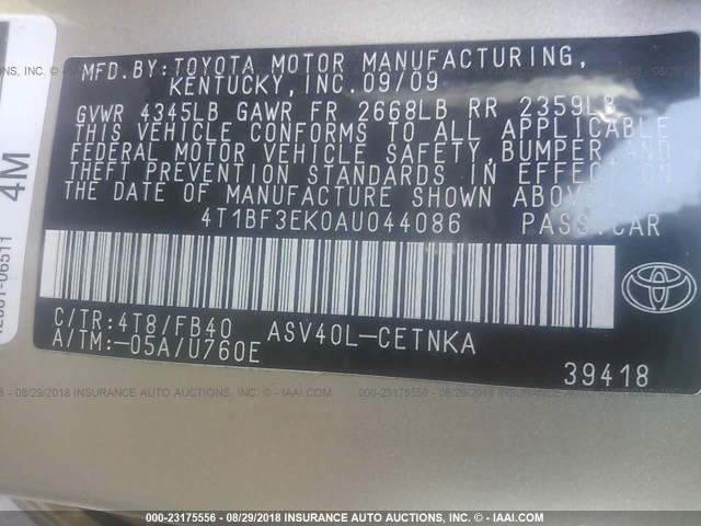 4T1BF3EK0AU044086 - 2010 TOYOTA CAMRY SE/LE/XLE 金色 照片 9