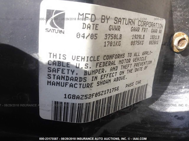 1G8AZ52F05Z171756 - 2005 SATURN ION LEVEL 2 蓝色 照片 9