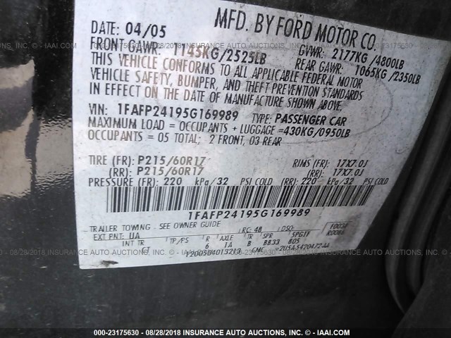 1FAFP24195G169989 - 2005 FORD FIVE HUNDRED SEL BLACK photo 9