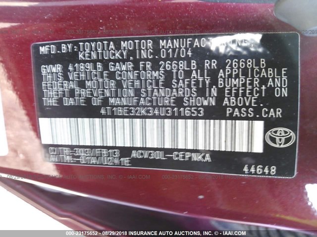 4T1BE32K34U311653 - 2004 TOYOTA CAMRY LE/XLE/SE Tünd qırmızı foto 9