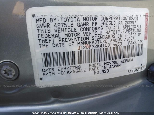 JT2BF22K410315850 - 2001 TOYOTA CAMRY CE/LE/XLE SILVER photo 9