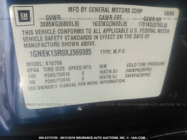 1GNEK13R9XJ369385 - 1999 CHEVROLET TAHOE K1500 BLUE photo 9