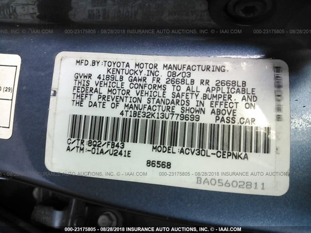 4T1BE32K13U779699 - 2003 TOYOTA CAMRY LE/XLE/SE Ашық көк фото 9