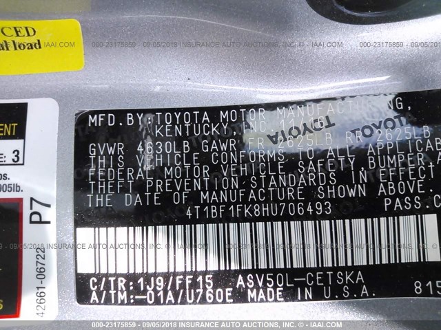 4T1BF1FK8HU706493 - 2017 TOYOTA CAMRY LE/XLE/SE/XSE SILVER photo 9