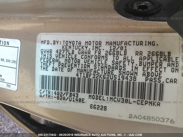 4T1BF32K62U519438 - 2002 TOYOTA CAMRY LE/XLE/SE Gümüş foto 9