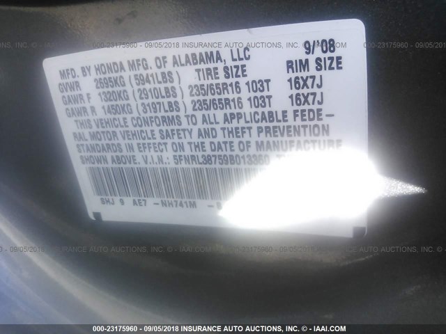 5FNRL38759B013360 - 2009 HONDA ODYSSEY EXL GRAY photo 9