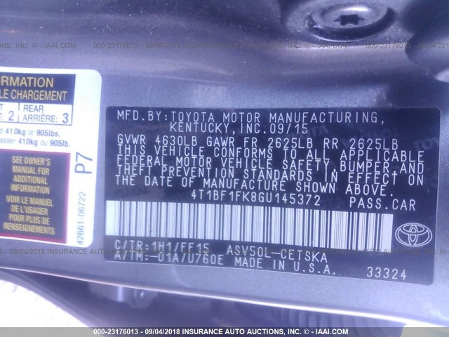 4T1BF1FK8GU145372 - 2016 TOYOTA CAMRY LE/XLE/SE/XSE 灰色 照片 9