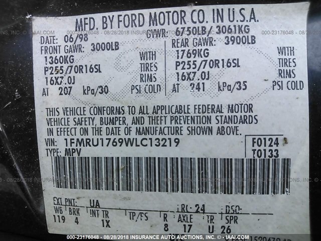 1FMRU1769WLC13219 - 1998 FORD EXPEDITION BLACK photo 9