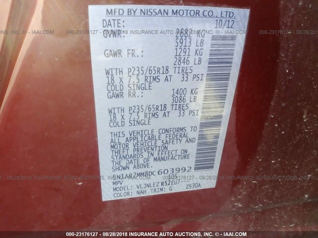 5N1AR2MM8DC603992 - 2013 NISSAN PATHFINDER S/SV/SL/PLATINUM RED photo 9