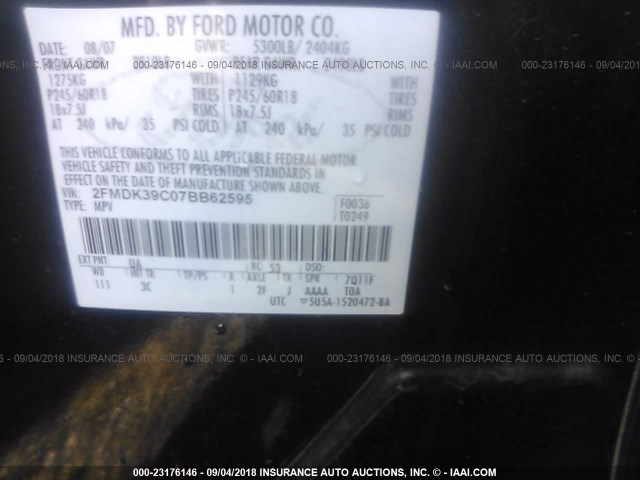 2FMDK39C07BB62595 - 2007 FORD EDGE SEL PLUS BLACK photo 9