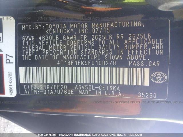 4T1BF1FK9FU108278 - 2015 TOYOTA CAMRY LE/XLE/SE/XSE 黑色 照片 9