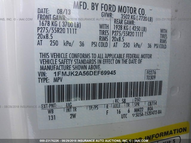 1FMJK2A56DEF69945 - 2013 FORD EXPEDITION EL LIMITED WHITE photo 9