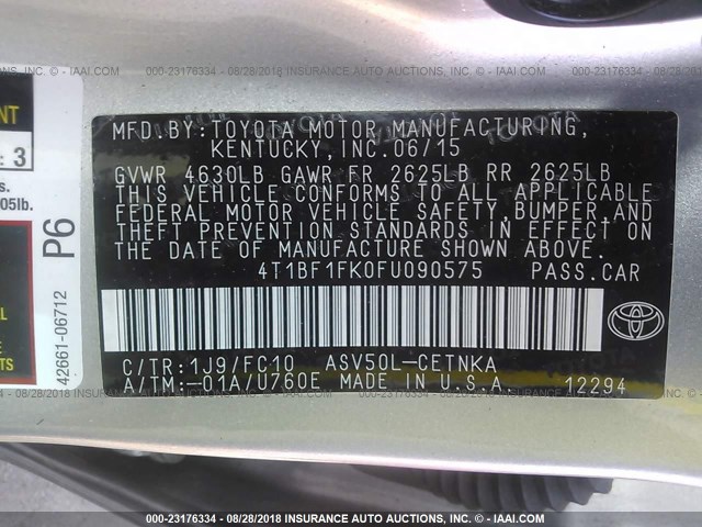 4T1BF1FK0FU090575 - 2015 TOYOTA CAMRY LE/XLE/SE/XSE 银色 照片 9