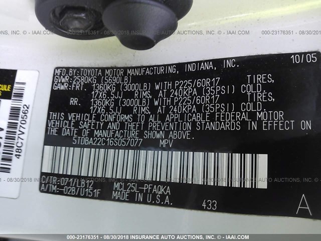 5TDBA22C16S057077 - 2006 TOYOTA SIENNA XLE/XLE LIMITED WHITE photo 9