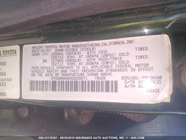 5TEGM92N93Z205871 - 2003 TOYOTA TACOMA DOUBLE CAB PRERUNNER GREEN photo 9