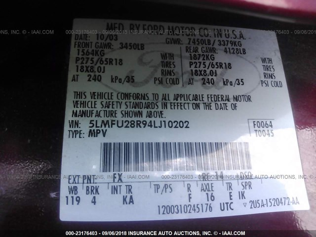 5LMFU28R94LJ10202 - 2004 LINCOLN NAVIGATOR BURGUNDY photo 9