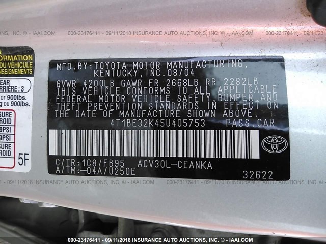 4T1BE32K45U405753 - 2005 TOYOTA CAMRY LE/XLE/SE Күміс фото 9