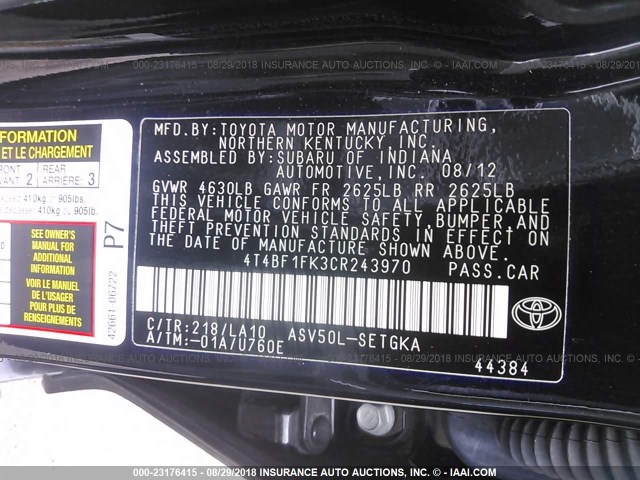 4T4BF1FK3CR243970 - 2012 TOYOTA CAMRY SE/LE/XLE 黑色 照片 9