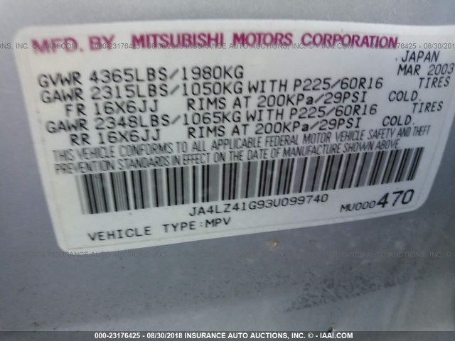 JA4LZ41G93U099740 - 2003 MITSUBISHI OUTLANDER XLS SILVER photo 9